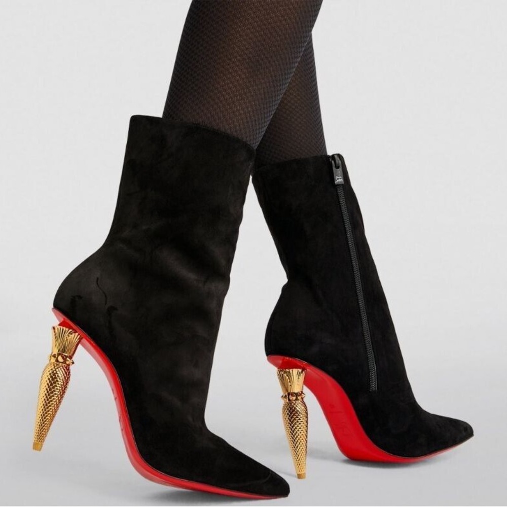 Christian Louboutin lipbooty black suede gold heel 100mm boot booty sz 38
